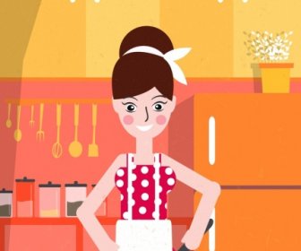 Housewife Work Background Woman Cooking Icon Cartoon Design