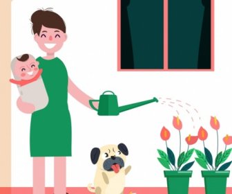 Housewife Work Drawing Mother Baby Watering Icons