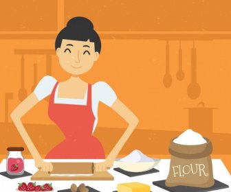 Housewife Work Drawing Woman Flour Ingredients Icons
