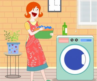 Housewife Work Drawing Woman Washing Machine Icons