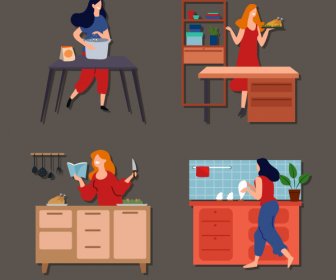 Housewife Work Icons Colored Cartoon Sketch