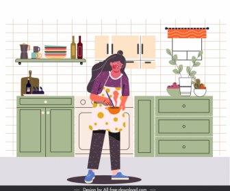 Hausfrau Arbeit Malerei Kochen Aktivität Skizze Cartoon Design