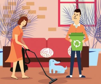 Housework Painting Cleaning Couple Icon Cartoon Design