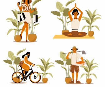 Human Activities Icons Shopping Yoga Cycling Farming Sketch