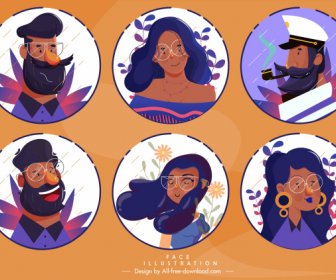 ícones De Rostos Humanos Dos Desenhos Animados Personagens Esboço Círculo Isolamento