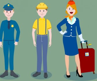 Human Profession Icons Police Worker Stewardess Cartoon Characters