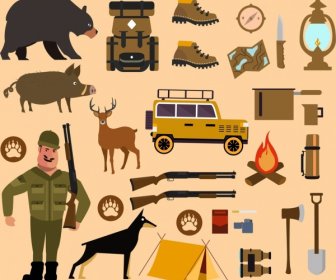 狩猟キャンプのデザイン要素様々な色のアイコン