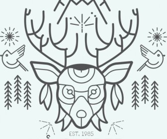 Hunting Club Advertisement Flat Lines Decor Reindeer Icon