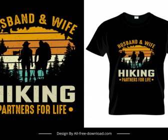 夫と妻のハイキングパートナーフォーライフTシャツテンプレートダークシルエットアウトライン