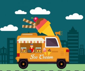 Ice Cream Advertisement Delivery Car Icon Town Background