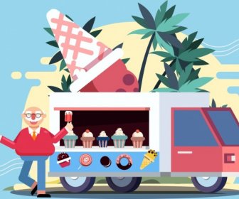Ice Cream Advertising Man Truck Icons Cartoon Design