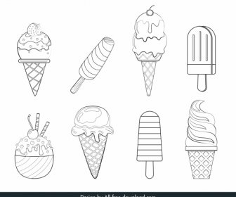 Ice Cream Icons Black White Handdrawn Sketch