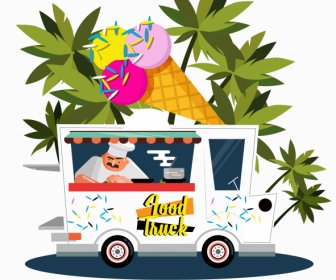 冰淇淋卡车图标彩色卡通设计