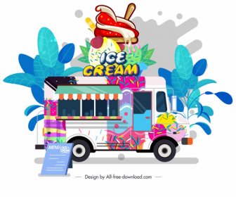 아이스크림 트럭 아이콘 다채로운 고전적인 디자인