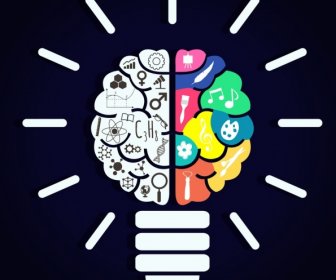Idee-Konzept-Hintergrund-Glühbirne Gehirn Verschiedene Symbole Dekor