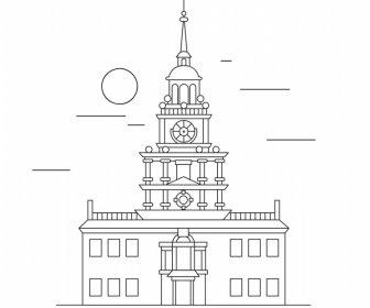 Independence Hall Backdrop Black White Symmetric Outline