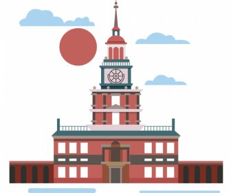 Independence Hall Backdrop Colored Flat Classic Symmetrical Sketch