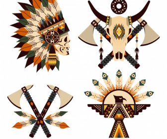 India American Iconos Clásicos Símbolos étnicos Bosquejo