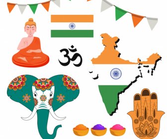 India Design Elements Colored Flat Classic Symbols Sketch