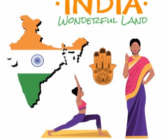 Elemen Desain India Bendera Peta Kostum Yoga Sketsa
