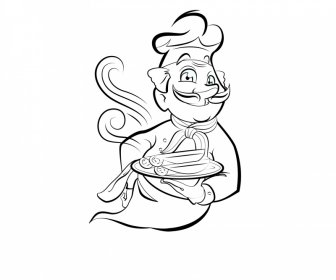 Ícone Do Chef Indiano Preto Branco Desenhado à Mão Esboço Dos Desenhos Animados