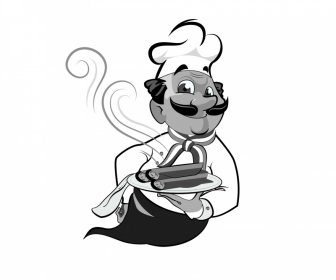 Ícone Do Chef Indiano BW Esboço De Personagem De Desenho Animado