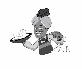 Indian Chef Icon BW Cartoon Character Sketch