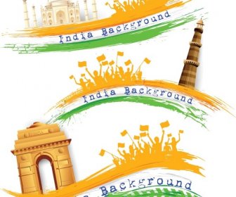 Indische Sehenswürdigkeiten Mit Abstrakten Banner Und Menschen Drängen Sich Indien Unabhängigkeit Tag Plakat