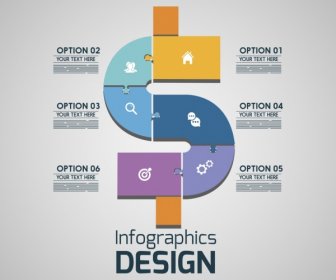Infographic 디자인 다채로운 퍼즐 장식 돈 아이콘