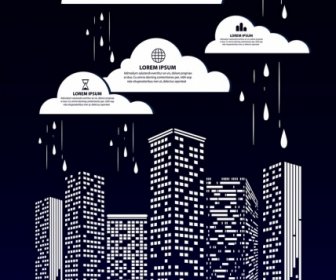 Infografik-Vorlage Wolken Wolkenkratzer Symbole Dunkle Design