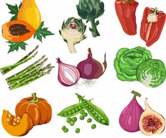 Ingredient Vegetable Icons Colored Retro Design