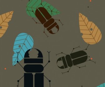 Insect Background Bugs Leaf Icons Colored Flat Design