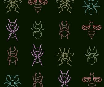 พื้นหลังแมลงต่าง ๆ สีไอคอนแยกซ้ำสไตล์
