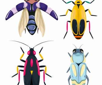 Insecta Bug Icons Bunte Flache Skizze