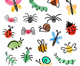 Insects Animals Icons Colorful Handdrawn Sketch