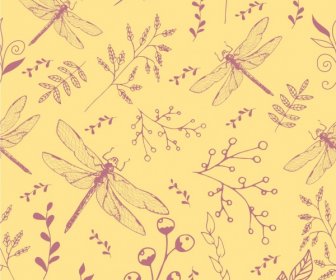 Insects Background Flowers Dragonfly Icon Repeating Colored Sketch