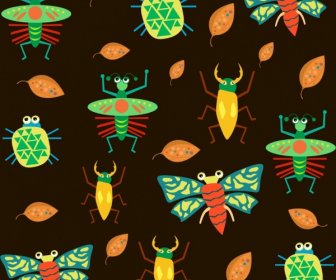 แมลงพื้นหลังตกแต่งหลากสีไอคอนที่ซ้ำกันออกแบบ