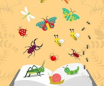 Insekten Hintergrund Verschiedene Bunte Embleme Dekoration Buchsymbol