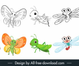 Insects Icons Cute Cartoon Sketch