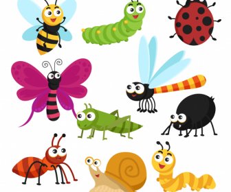 Iconos De Insectos Lindo Boceto De Dibujos Animados De Colores Modernos