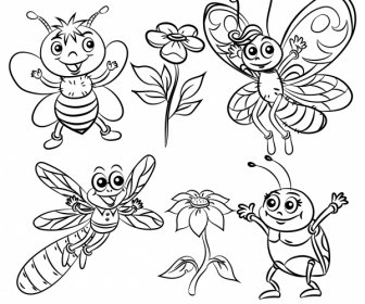 Insects World Icons Black White Cartoon Sketch
