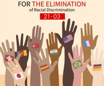 Dia Internacional Para A Eliminação Da Discriminação Racial Banner Modelo Plano Dinâmico Levantando As Mãos Esboço