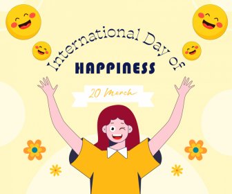 국제 행복의 날 배너 템플릿 행복 한 소녀 웃는 이모티콘 꽃잎 장식