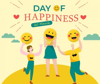 Международный день счастья плакат шаблон динамический эскиз мультфильма