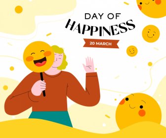 Dia Internacional Da Felicidade Cartaz Mulher Emoticon Rostos Esboço