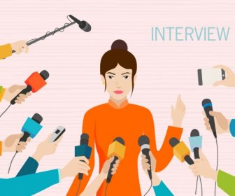 Interview Background Woman Reporter Microphone Icons Cartoon Design