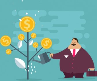 Investment Background Fat Man Tree Gold Coins Icons