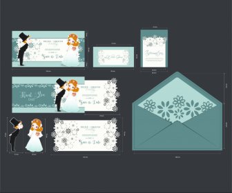 招待状のIDセット新郎と花嫁の漫画の花の装飾