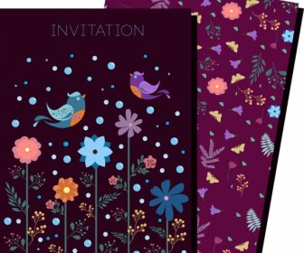 Carte D'invitation Modèle Noir Violet Fleurs Oiseaux D'ornement