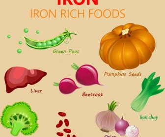 железа продукты, различные овощи иконы разноцветные дизайн рекламы